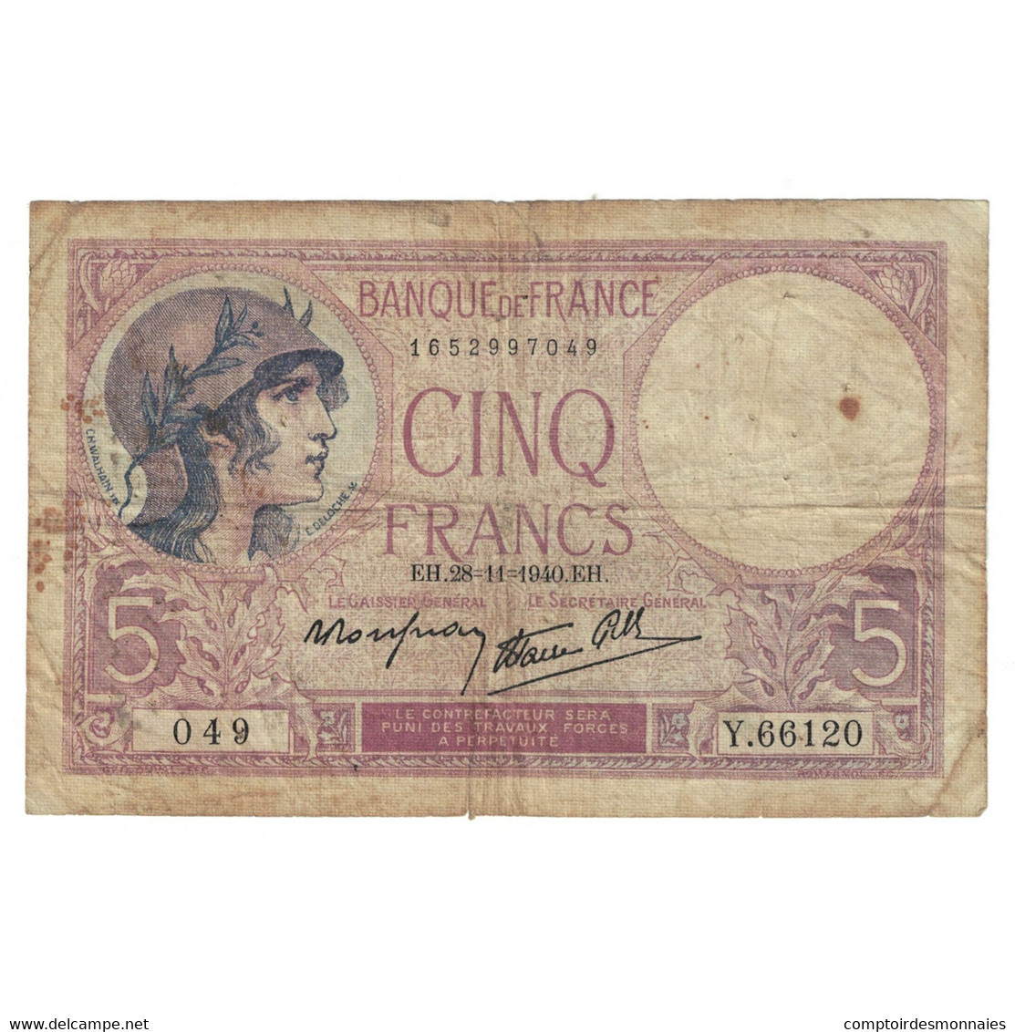 France, 5 Francs, 1940, Y.66120, B, Fayette:F.04.15, KM:83 - 5 F 1917-1940 ''Violet''