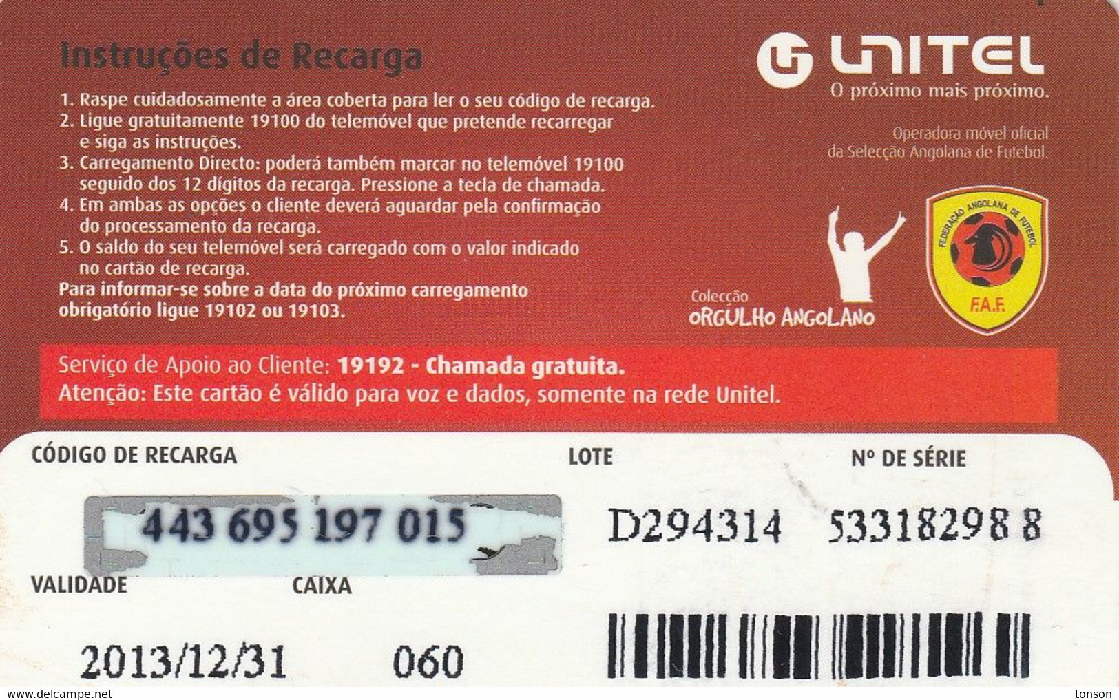 Angola, AO-UNI-REF-0024-131231, Unitel 125 UTT, Espirito, Football, 2 Scans.  Expiry : 2014/12/31 - Angola