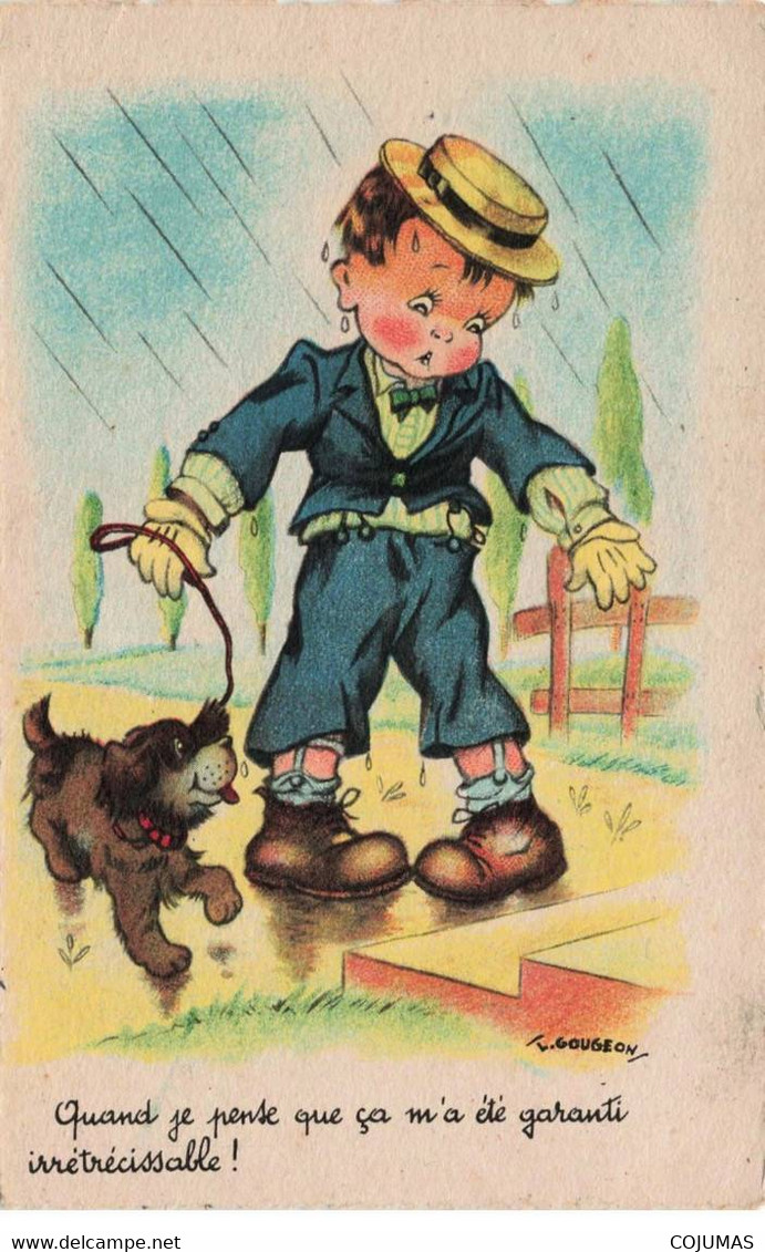 ILLUSTRATEUR - S01944 - Gougeon - Garçon Tenant Un Chien En Laisse Sous La Pluie - Chapeau - L1 - Gougeon