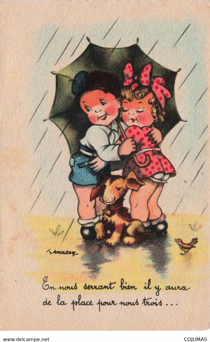 ILLUSTRATEUR - S01948 - Gougeon - Enfants Sous Un Parapluie - Fillette - Garçon - Pluie - Chien - Oiseau - L1 - Gougeon