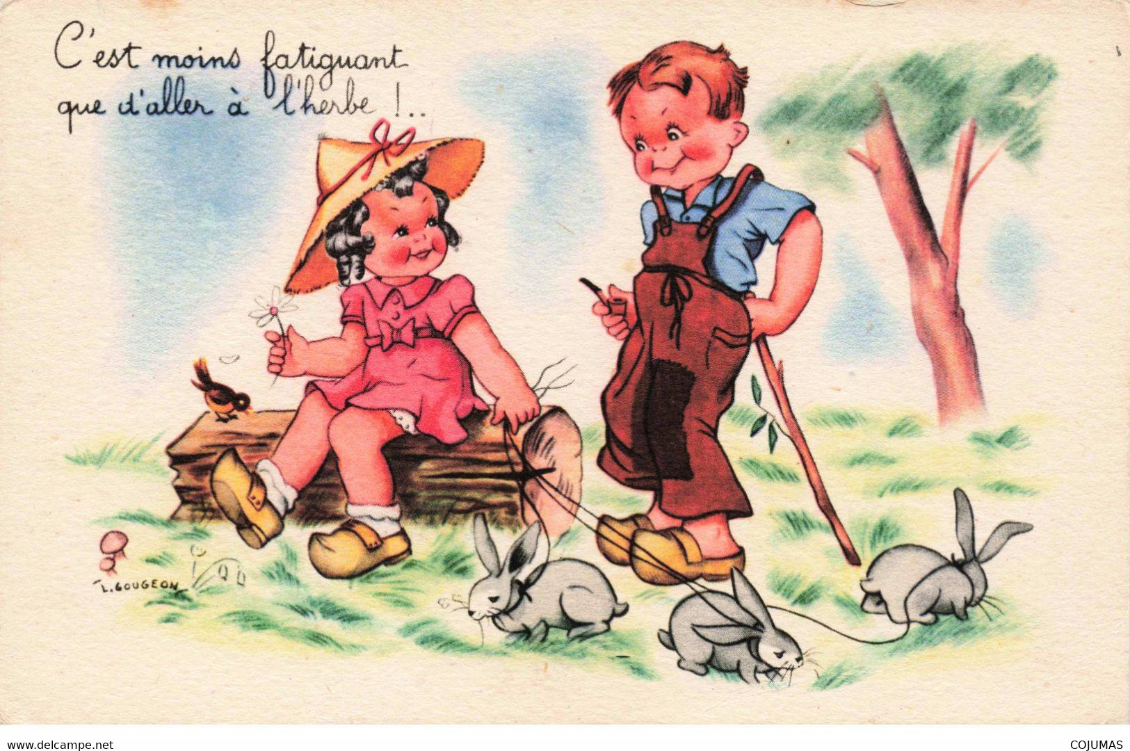 ILLUSTRATEUR - S01954 - Gougeon - Enfants Tenant Des Lapins - Animaux - Chapeau - Oiseau - Sabots  - L1 - Gougeon