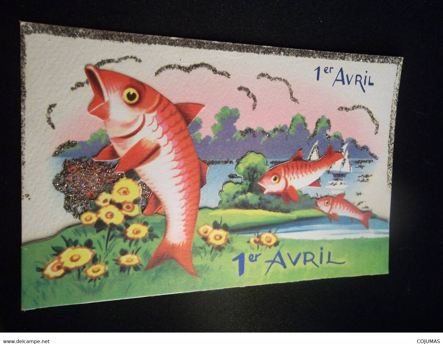 1ER AVRIL - S00092 - Poissons - Fleurs - Voiliers - Carte à Système - Paillettes  - L1 - 1er Avril - Poisson D'avril