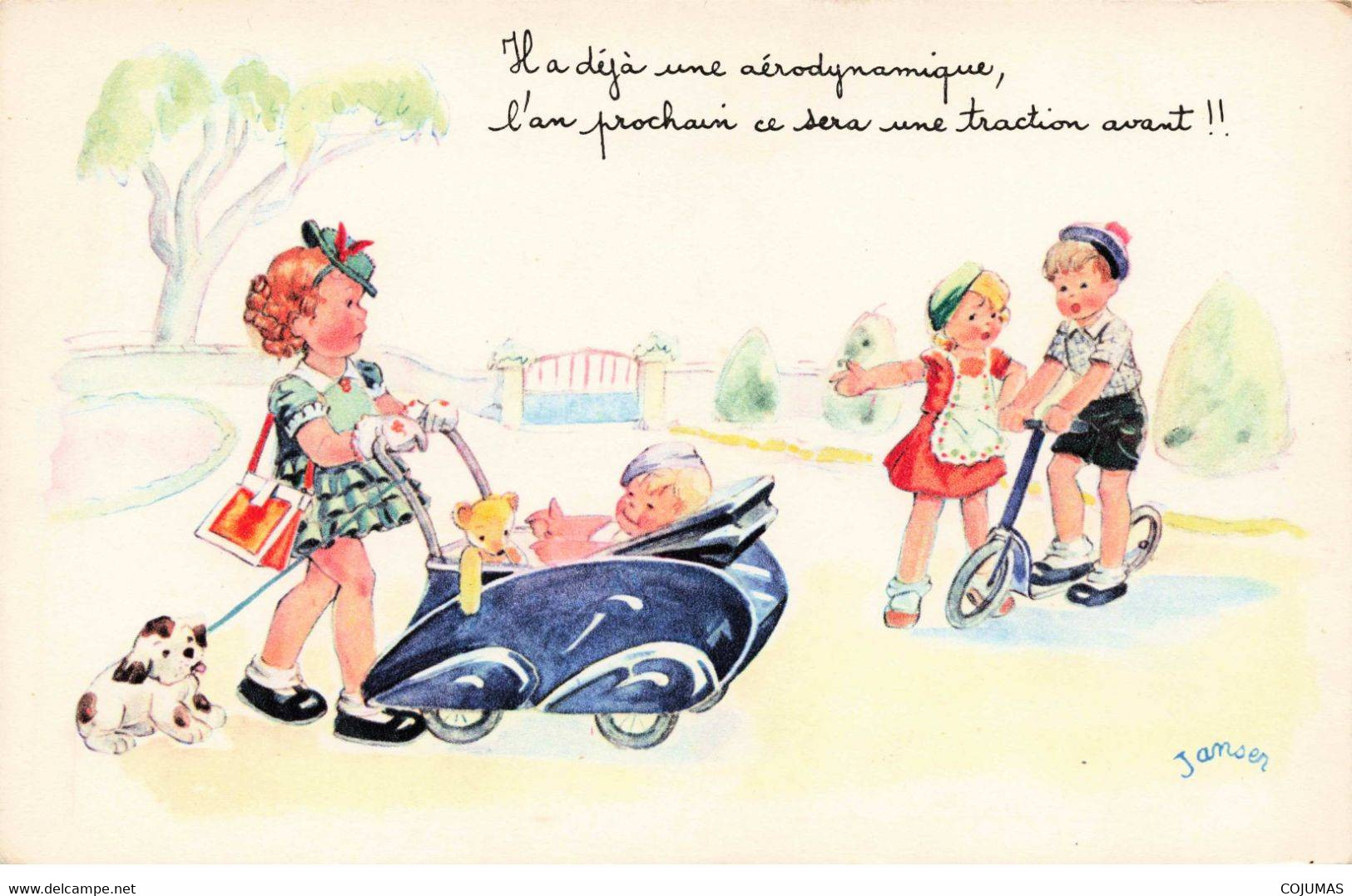 ILLUSTRATEUR - S01962 - Janser - Femme Poussant Un Landau - Ours - Peluche - Trottinette - Chien - Enfants - L1 - Janser