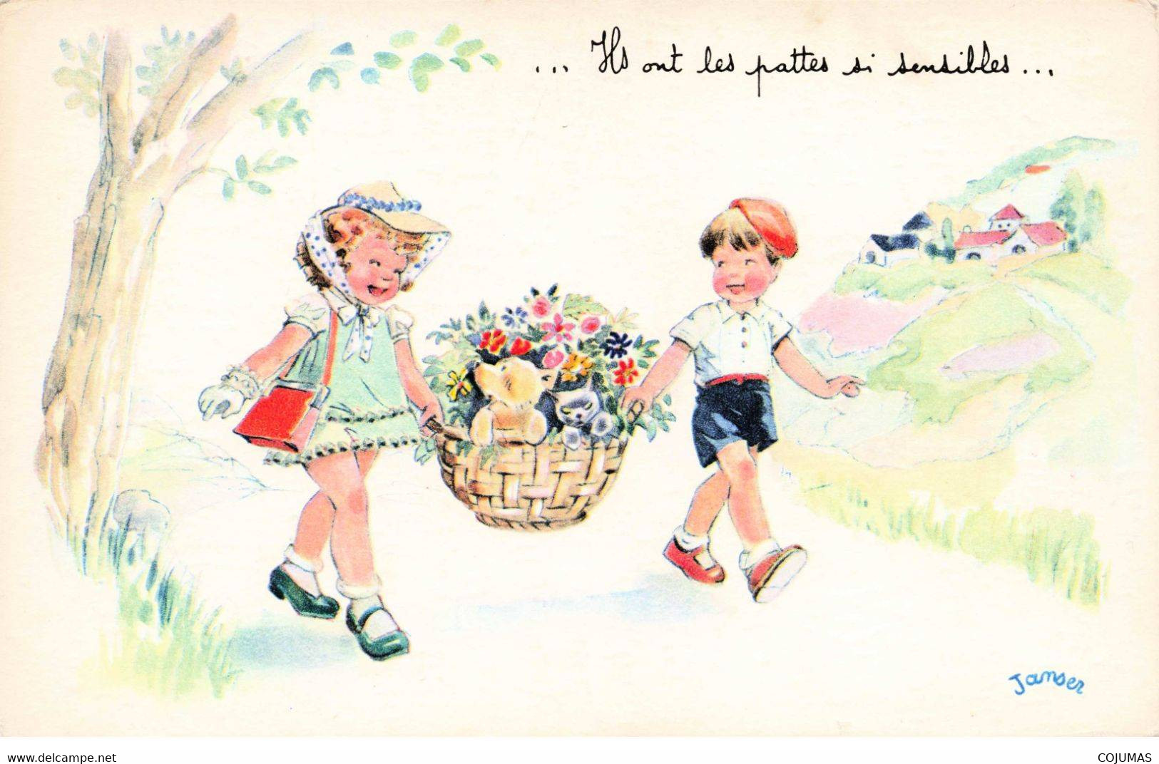 ILLUSTRATEUR - S01965 - Janser - Enfants Tenant Un Panier Rempli De Fleurs - Chien - Chat - Chapeau - Sac à Mains - L1 - Janser