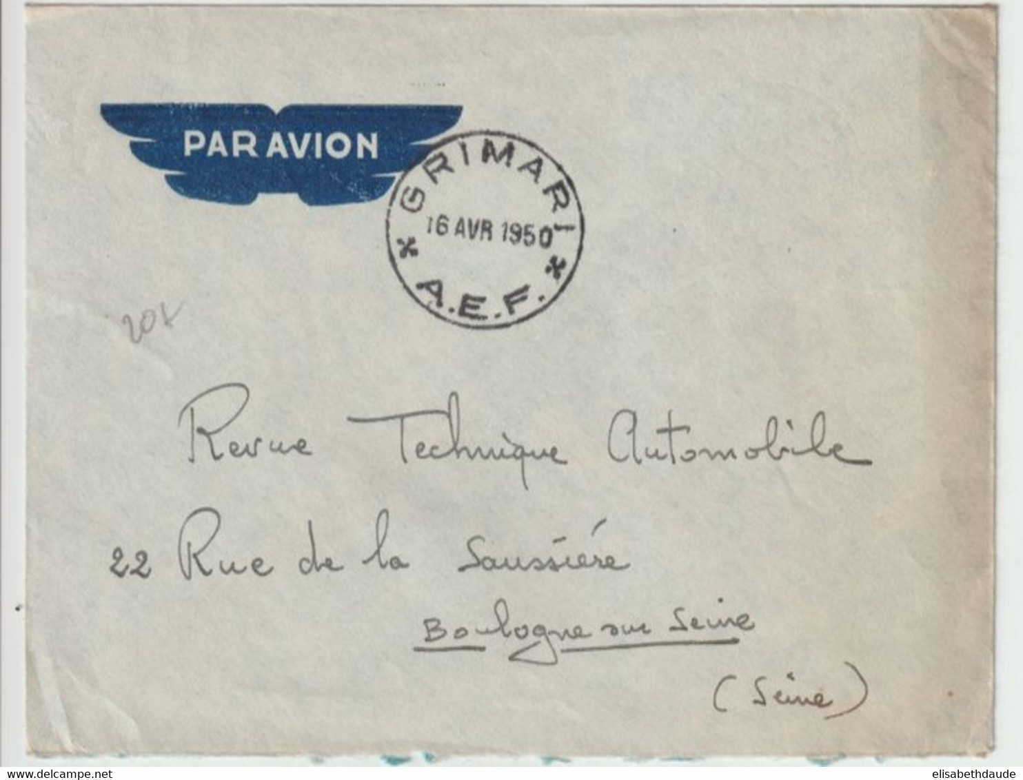 AEF / OUBANGUI-CHARI - 1950 - ENVELOPPE En FRANCHISE ! Par AVION De GRIMARI ! => BOULOGNE - Covers & Documents