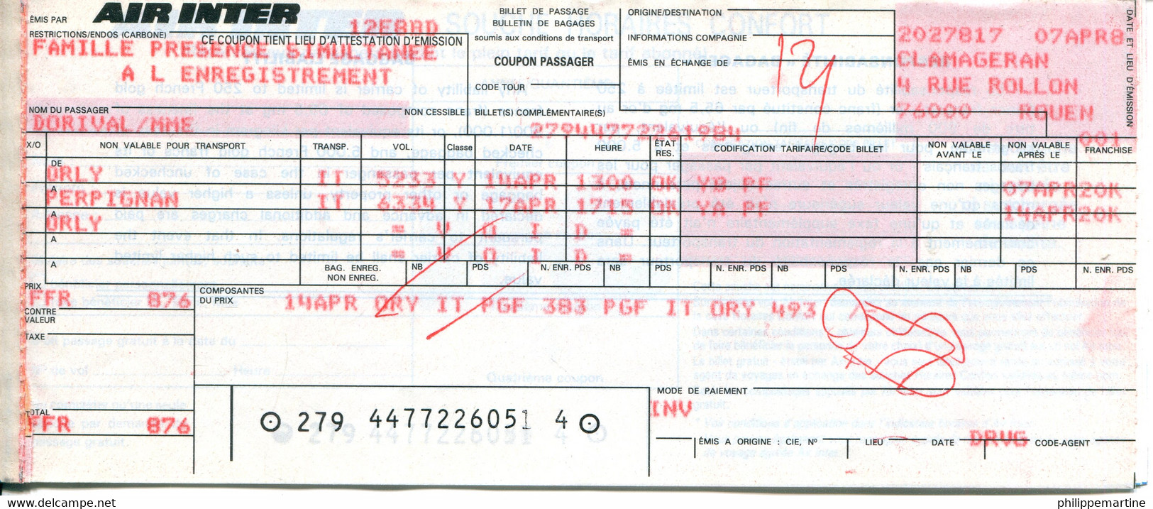 Billet D'avion Air Inter : Orly - Perpipnan - Orly - Au Verso Publicité TRT (années 80) - Tickets