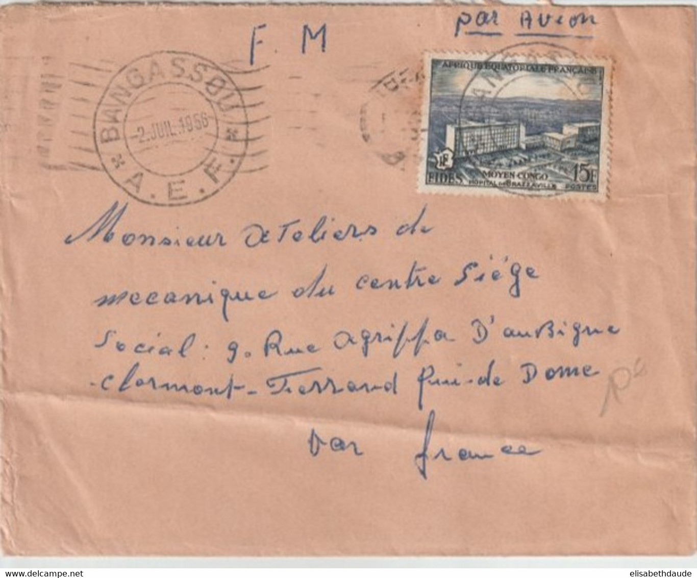 AEF / OUBANGUI-CHARI - 1956 - FIDES / ENVELOPPE FM Par AVION De BAGASSOU ! => CLERMONT-FERRAND - Covers & Documents