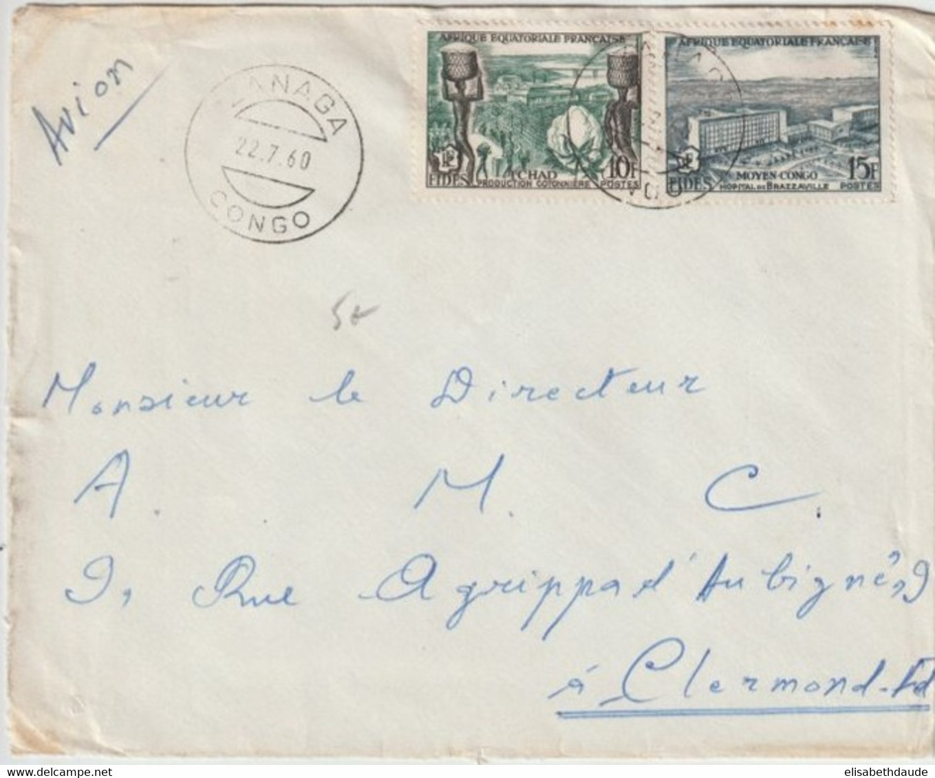 AEF / CONGO - 1960 - FIDES / ENVELOPPE Par AVION De ZANAGA ! => CLERMONT-FERRAND - Covers & Documents