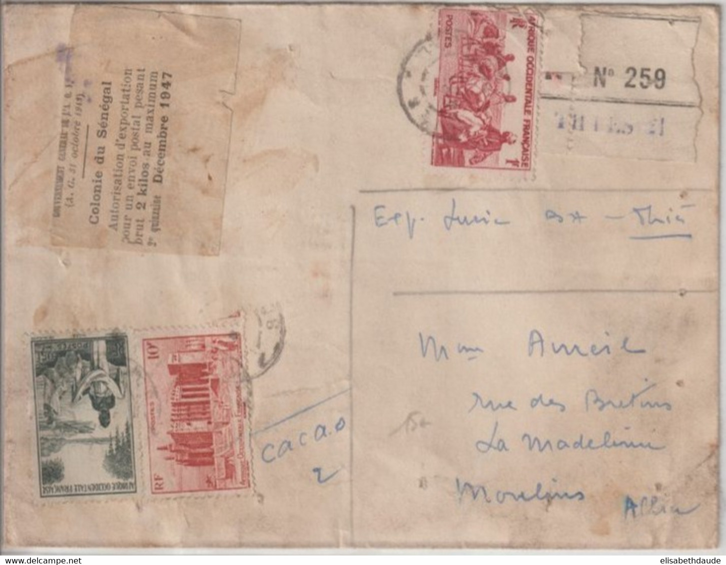 AOF / SENEGAL - 1947 - ENVELOPPE De COLIS (CACAO) RECOMMANDEE De THIES => MOULINS - Lettres & Documents