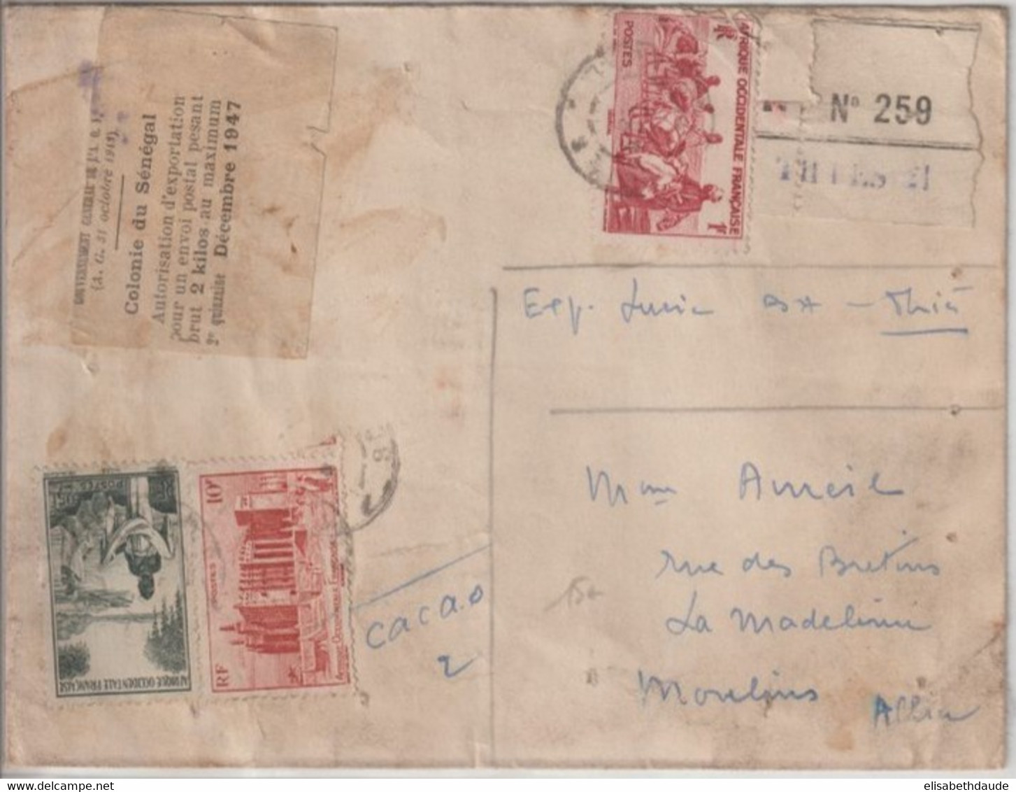 AOF / SENEGAL - 1947 - ENVELOPPE De COLIS (CACAO) RECOMMANDEE De THIES => MOULINS - Covers & Documents