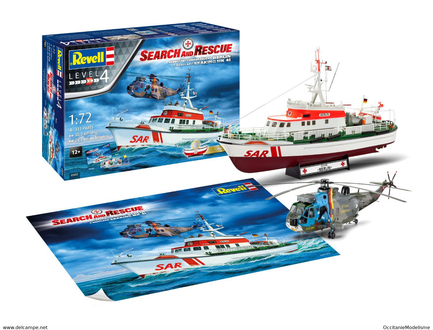 Revell - SET SAR DGzRS Berlin + SEA KING "Good Bye" + Peinture + Colle Maquette Kit Plastique Réf. 05683 Neuf NBO 1/72 - Boats