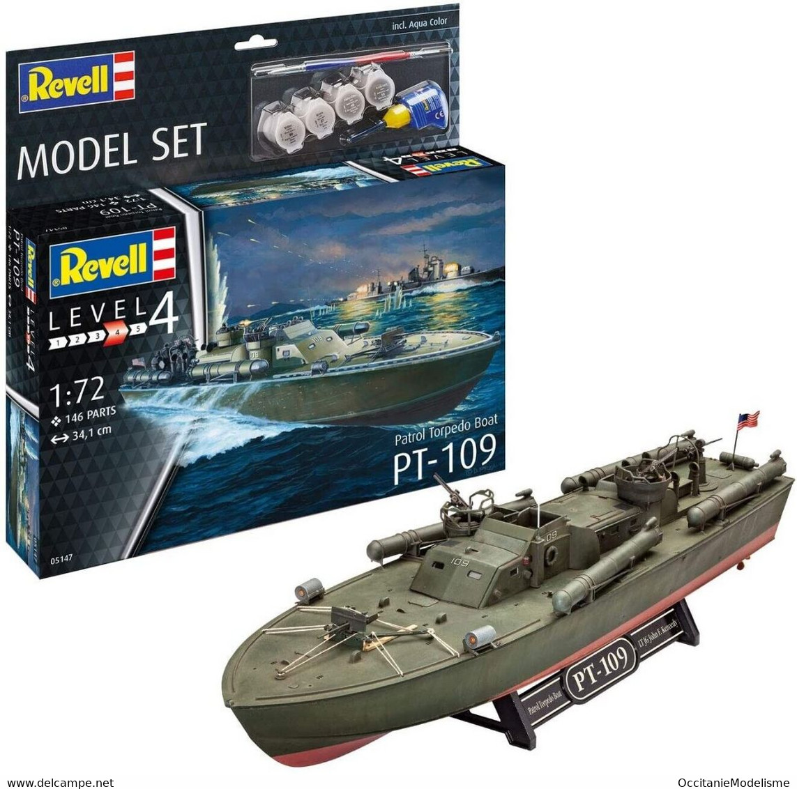 Revell - SET PT-109 PATROL TORPEDO BOAT Vedette + Peintures + Colle Maquette Kit Plastique Réf. 65147 Neuf NBO 1/72 - Barcos