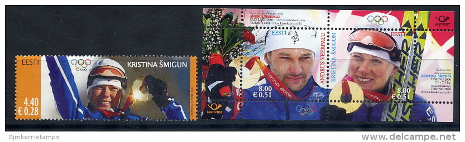 ESTONIA 2006 Winter Olympic Medal Winner Stamp + Block  MNH / **.  Michel 548 + Block 26 - Estland