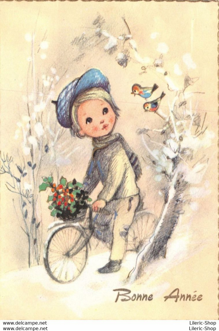Nouvel An # Enfant # Bicyclette # Houx # Oiseaux # Dessin - "Bonne Année" Cpm GF 1971 Timbre Belge ♥♥♥ - Nouvel An