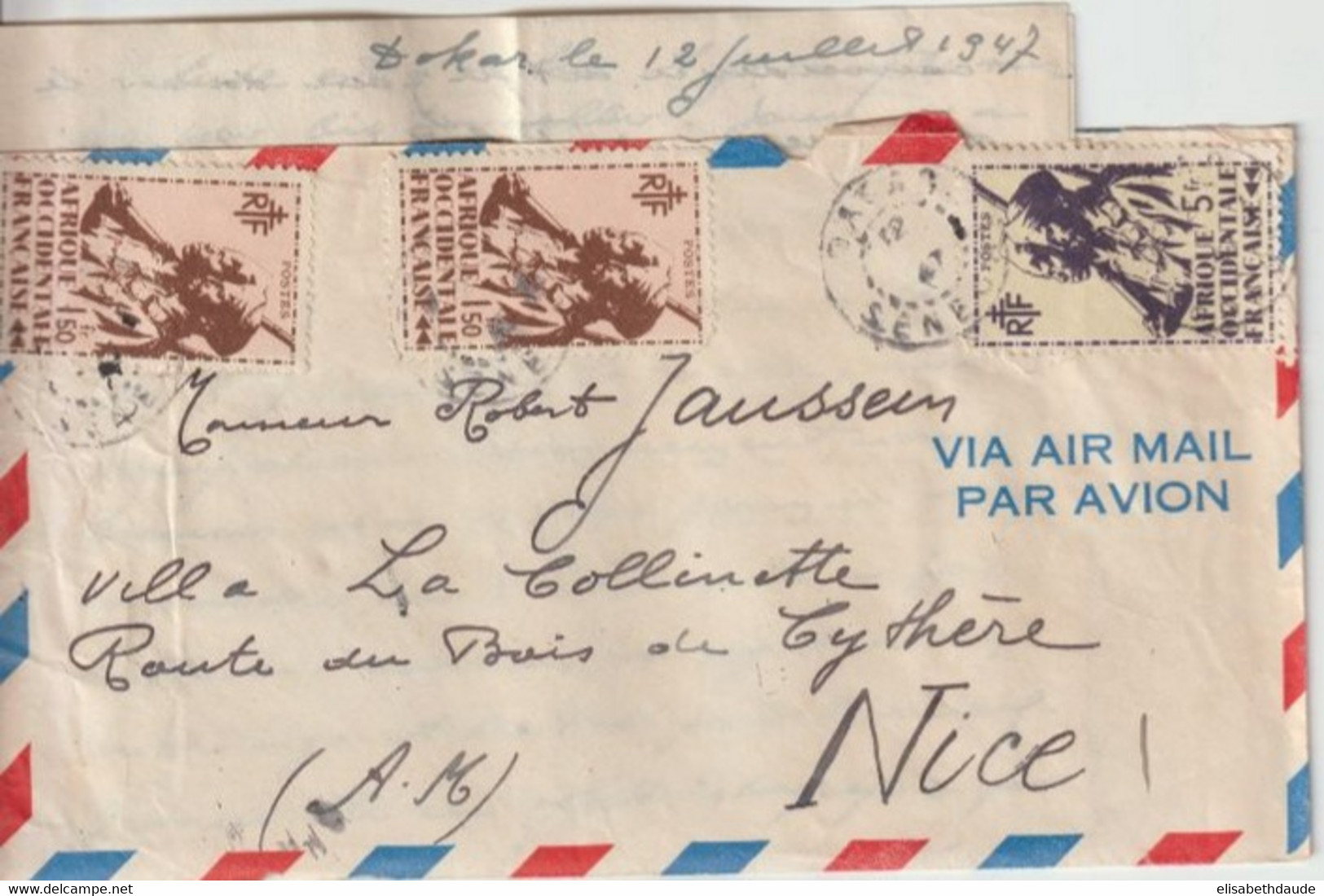 AOF / SENEGAL - 1947 - FRANCE LIBRE - ENVELOPPE Par AVION De DAKAR => NICE - Lettres & Documents