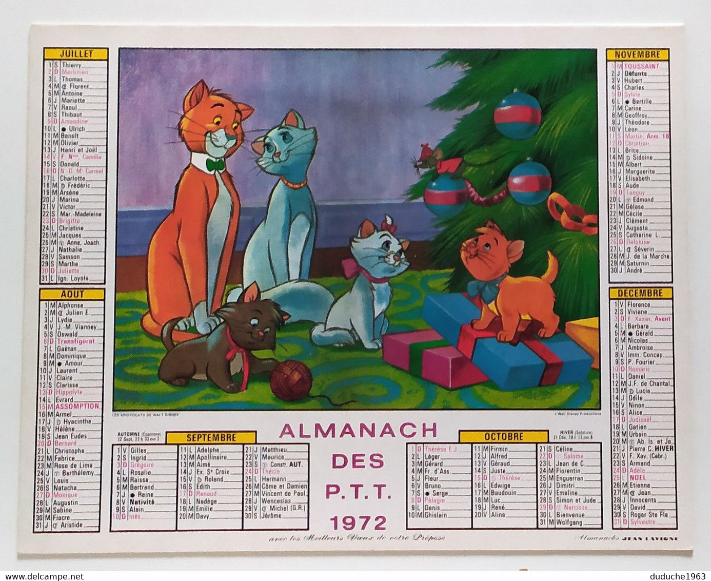 Calendrier La Poste PTT - Disney: Mickey Et Minnie - Les Aristochats 1972 - Big : 1971-80