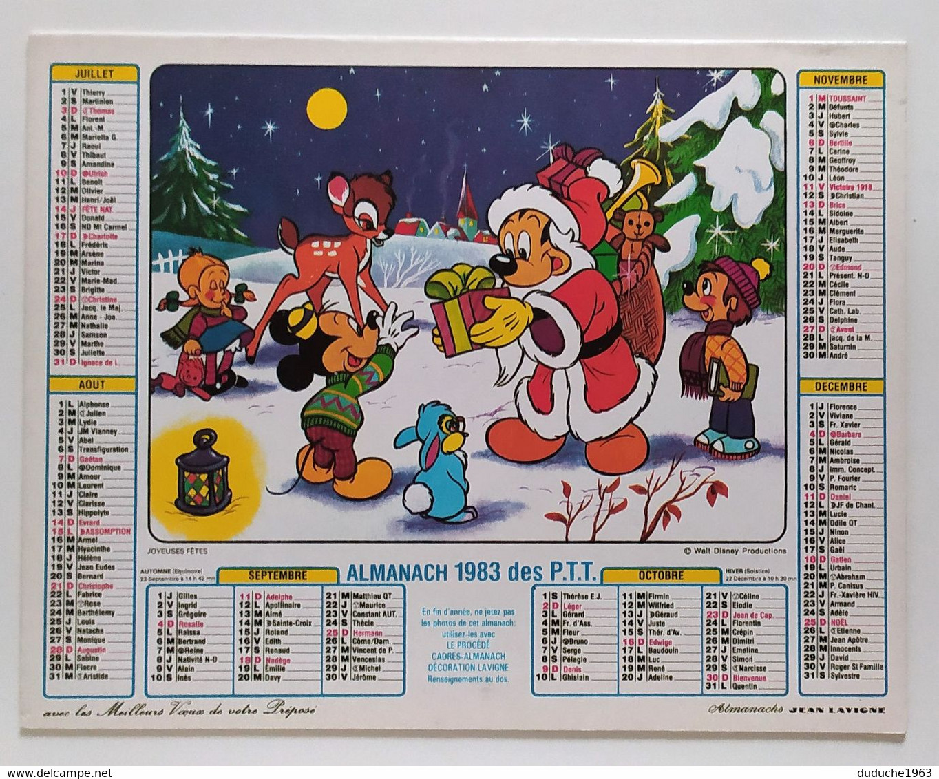 Calendrier La Poste PTT - Disney: Mickey - Dingo Et Donald. 1983 - Big : 1981-90