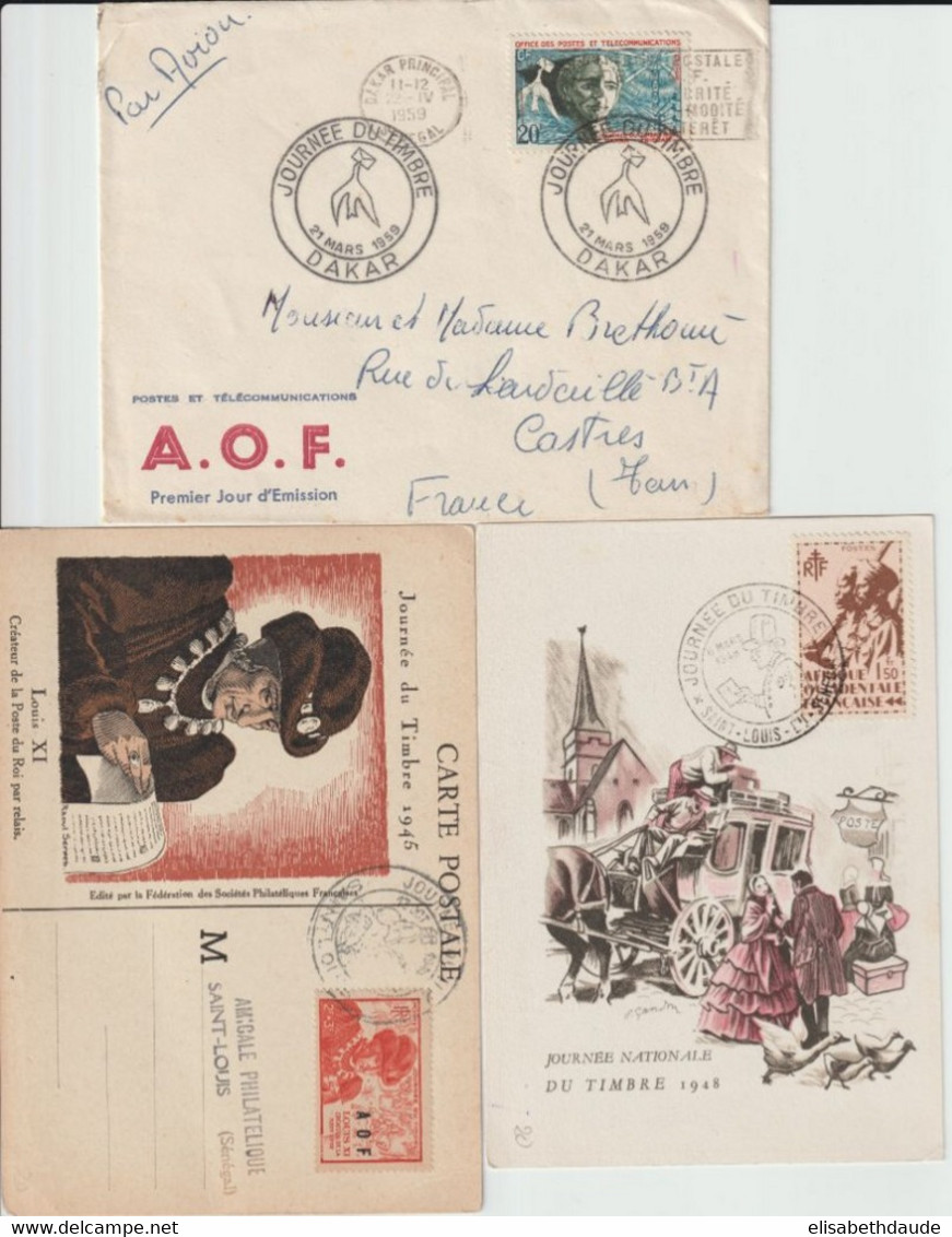 AOF / SENEGAL - 1945+1948+1959 - JOURNEE DU TIMBRE - ENVELOPPE + CARTES De DAKAR /SAINT LOUIS - Lettres & Documents
