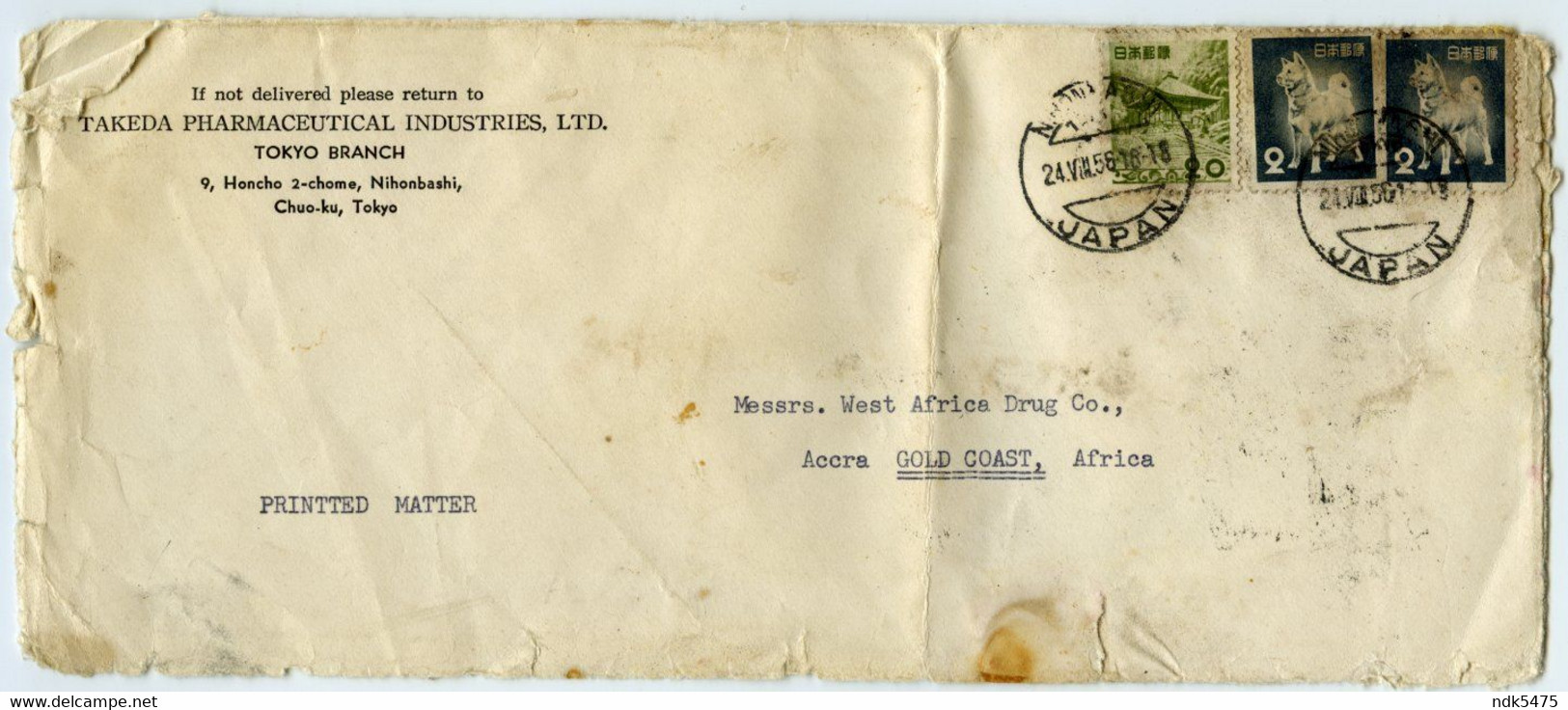 JAPAN : TAKEDA PHARMACEUTICAL INDUSTRIES, TOKYO / GOLD COAST, ACCRA, WEST AFRICAN DRUG CO., 1956 - Lettres & Documents