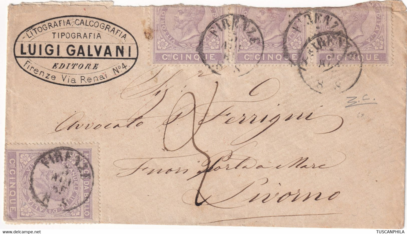 1865 - Marca Da Bollo 5 C. 4 Es. Su Bustina Da Firenze X Livorno Unica Nota Rarità Periziata - Sassone N.1 - Fiscale Zegels