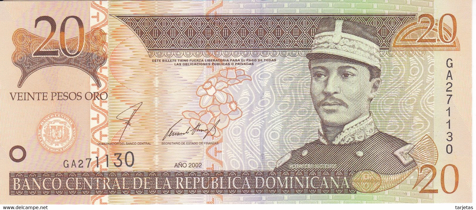 BILLETE DE LA REPUBLICA DOMINICANA DE 20 PESOS ORO DEL AÑO 2002 SIN CIRCULAR (UNC)  (BANKNOTE) - Dominicana