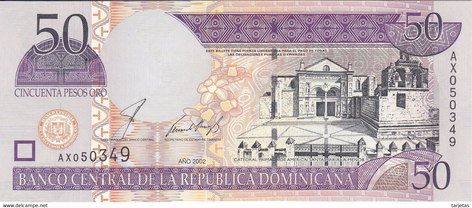 BILLETE DE LA REPUBLICA DOMINICANA DE 50 PESOS ORO DEL AÑO 2002 SIN CIRCULAR (UNC)  (BANKNOTE) - Dominicaine