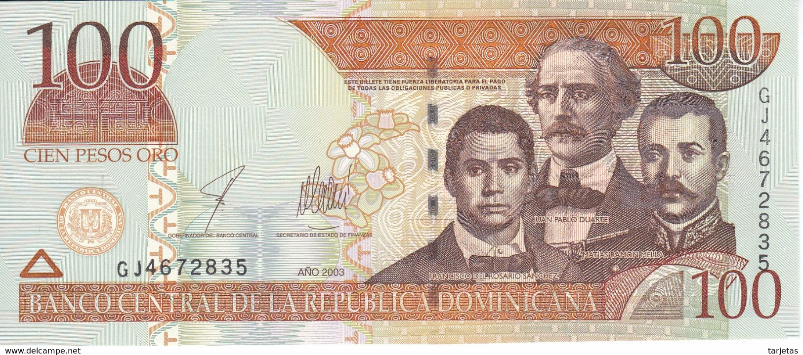 BILLETE DE LA REPUBLICA DOMINICANA DE 100 PESOS ORO DEL AÑO 2003 SIN CIRCULAR (UNC)  (BANKNOTE) - Dominicaine