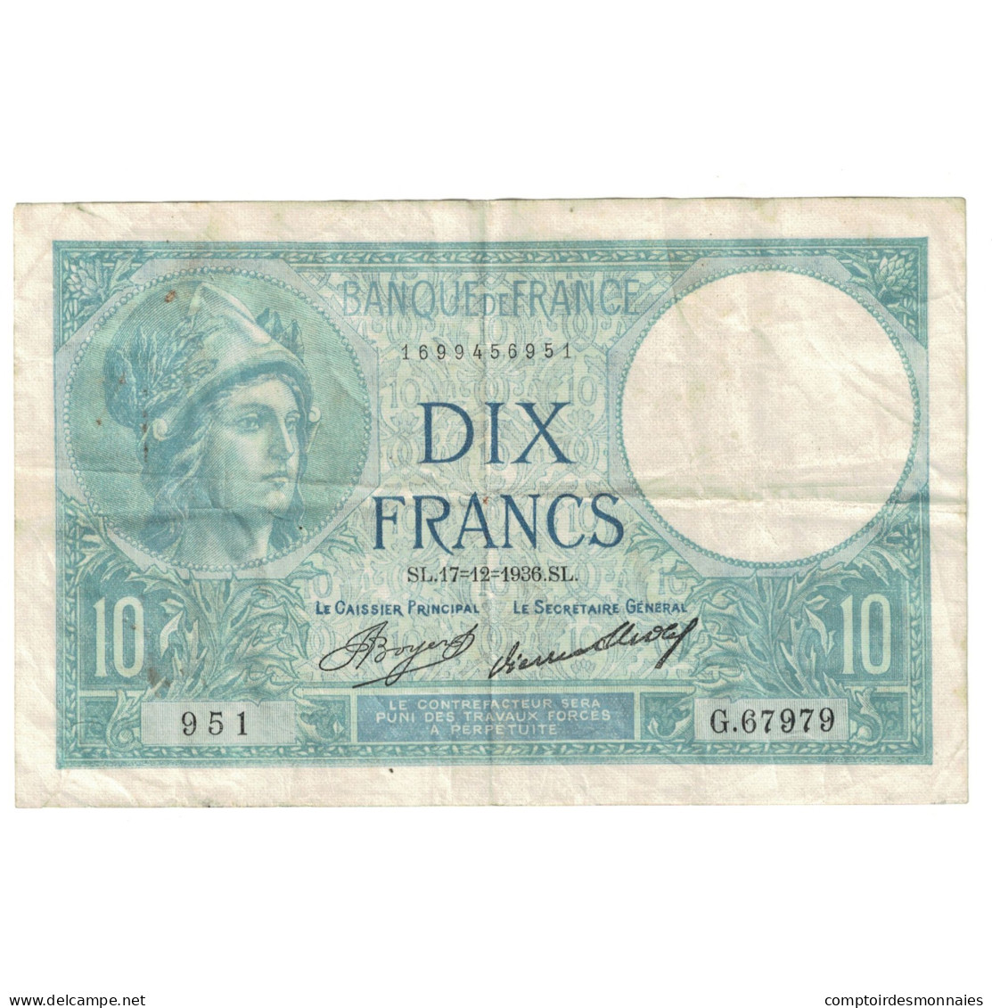 France, 10 Francs, Minerve, 1936, G.67979, TB+, Fayette:6.17, KM:73e - 10 F 1916-1942 ''Minerve''