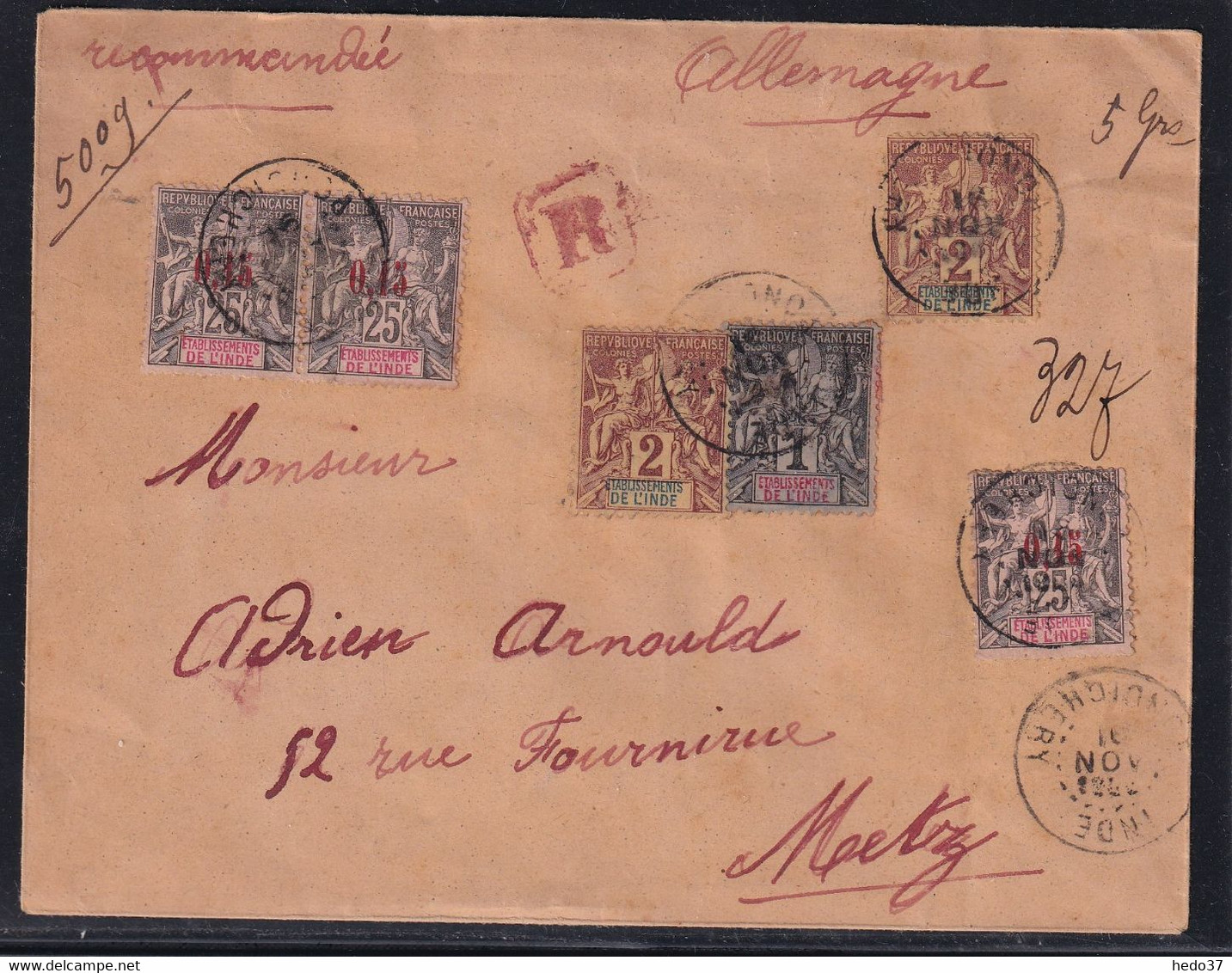 Inde N°22 X3 S/LR Pondichery 1904 - TB - RARE - Covers & Documents