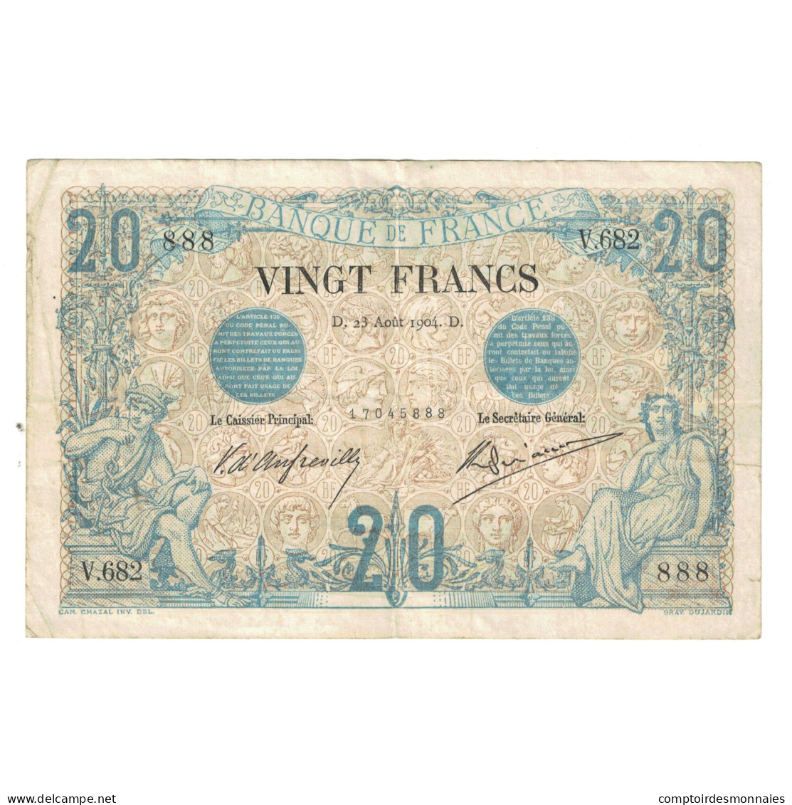 France, 20 Francs, Noir, 1904, M.855, TTB, Fayette:9.3, KM:61a - 20 F 1874-1905 ''Noir''