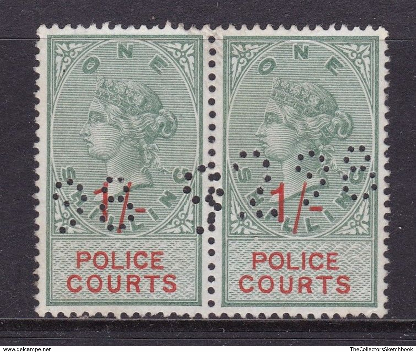GB Fiscal/ Revenue Stamp.  Police Courts 1/- Green And Vermilion Barefoot 13 Pair.  Good Condition - Fiscaux
