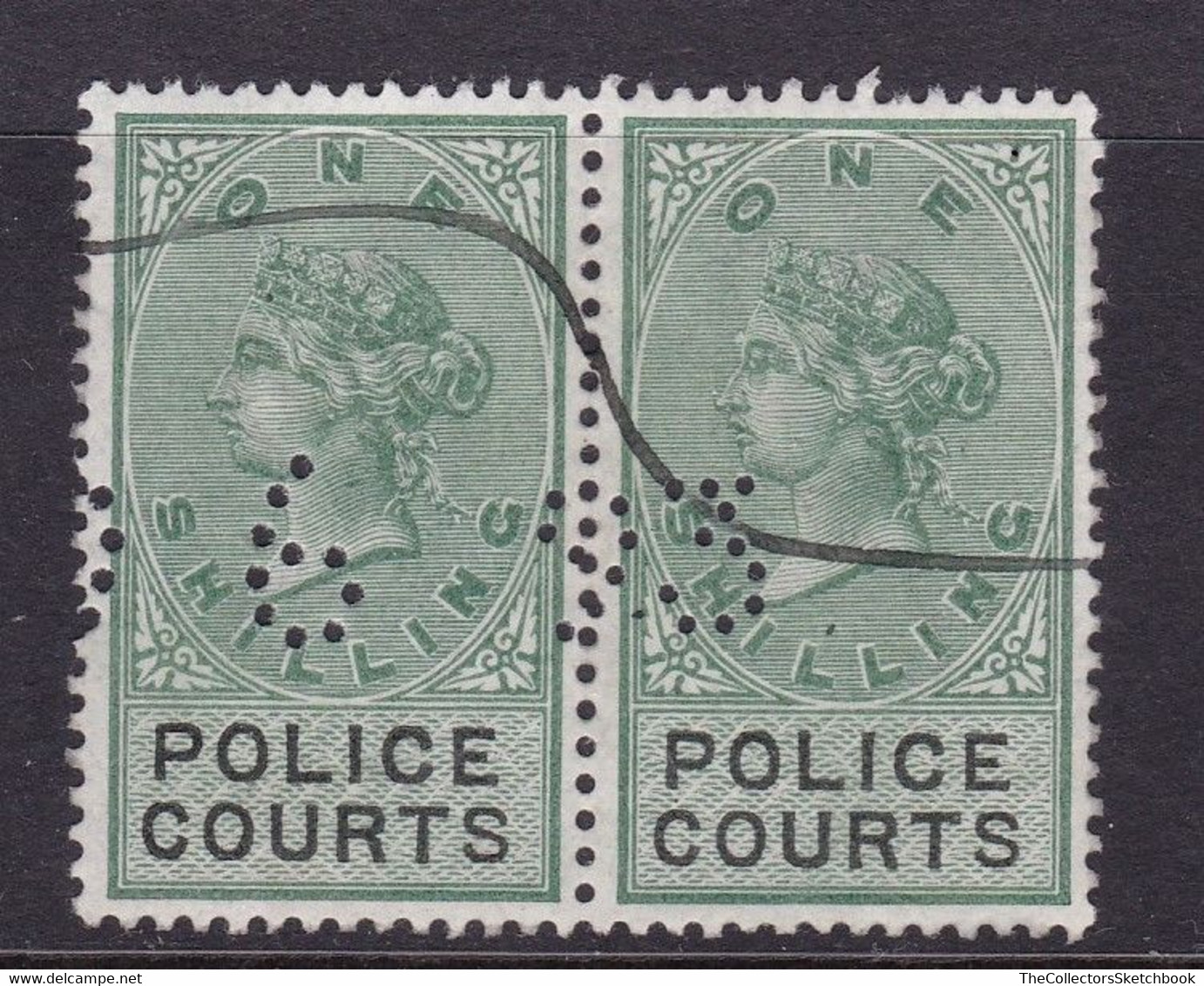 GB Fiscal/ Revenue Stamp.  Police Courts 1/- Green And Black Barefoot 9 Pair.  Good Used - Revenue Stamps