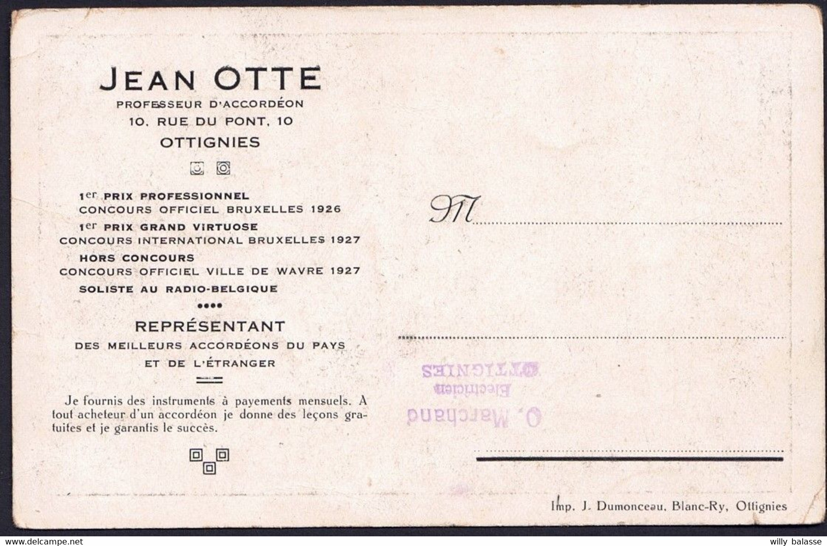 +++ CPA - OTTIGNIES - JEAN OTTE - Professeur D' Accordéon - Musique - Rue Du Pont   // - Ottignies-Louvain-la-Neuve