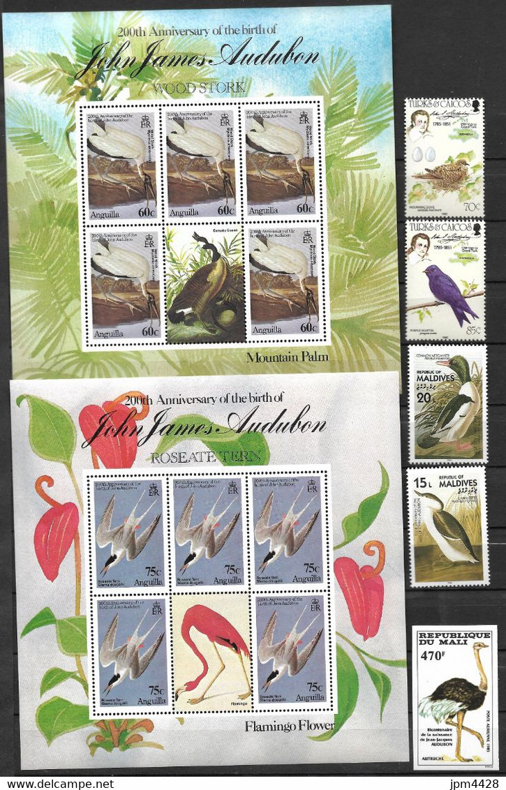 Théme - Thématique OIseaux, Jean Jacques Audubon bel ensemble de 85 timbres dont séries et 12 blocs neuf** (*)