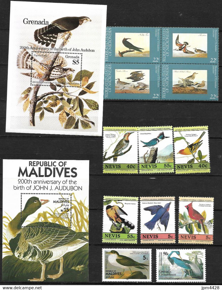 Théme - Thématique OIseaux, Jean Jacques Audubon bel ensemble de 85 timbres dont séries et 12 blocs neuf** (*)