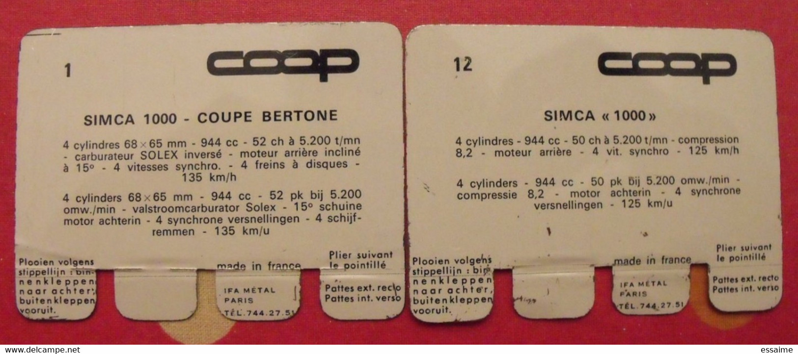 Simca 1000, Coupé Bertone. 2 Plaquettes En Tôle COOP N° 1,12,50. "l'auto à Travers Les âges" - Tin Signs (after1960)