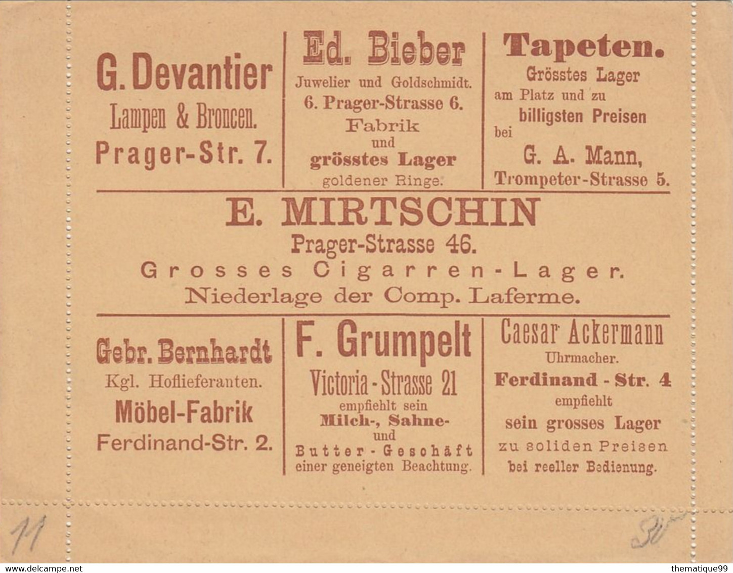 Entier Poste Locale Allemande De Dreden Avec Publicité (1887) : Lampe Bijoux Or Tapis Cigare Beurre Lait Montre - Alimentation