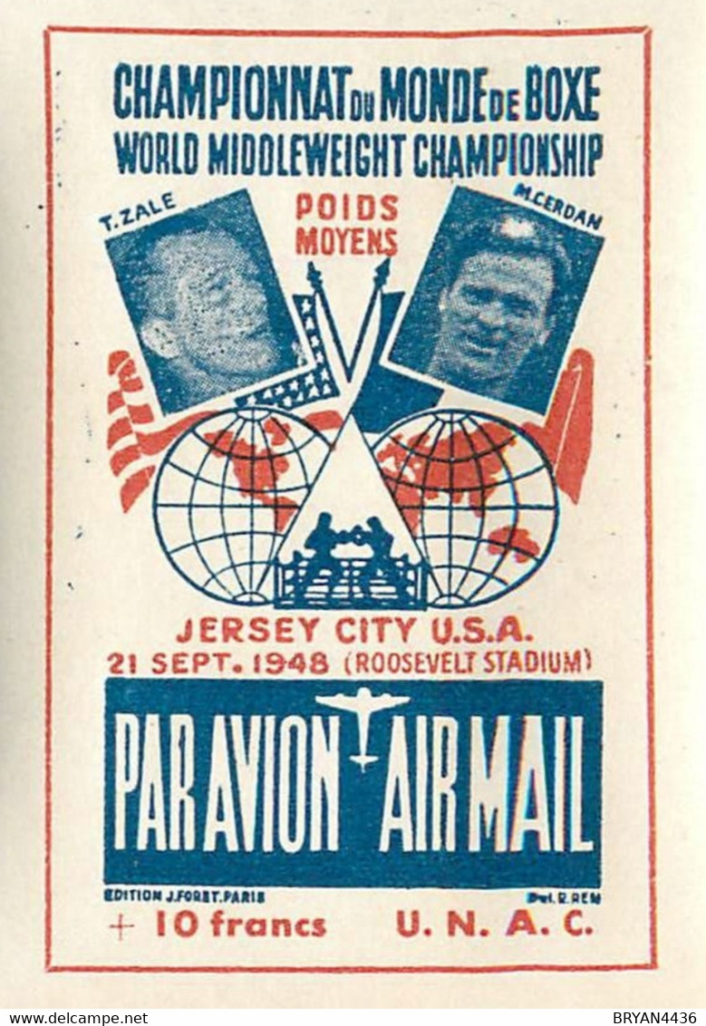 BOXE - CHAMPIONNAT Du MONDE - POIDS MOYENS - "Marcel CERDAN - T. ZALE" - RARE TIMBRE VIGNETTE - AVIATION (5x7cm) - Sport