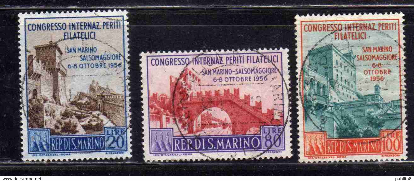 REPUBBLICA DI SAN MARINO 1956 CONGRESSO PERITI FILATELICI SERIE COMPLETA COMPLETE SET USATA USED OBLITERE' - Usados