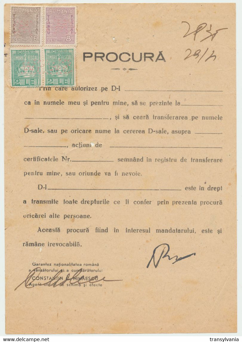 Romania Aprox. 1944 Unfilled Document With Trade Agent Constantin Mihaescu Perfins Revenue King Michael Stamps - Fiscaux