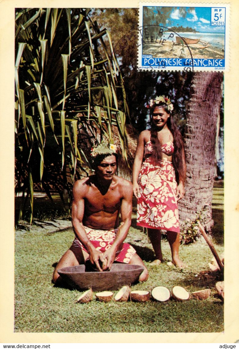 Polynésie Française_ TAHITI" La Rape Des Cocos" Couple_Oblitération Philatélique PAPEETE * Timbre MOTU 5 Fr.. 2 Scan - Polynésie Française