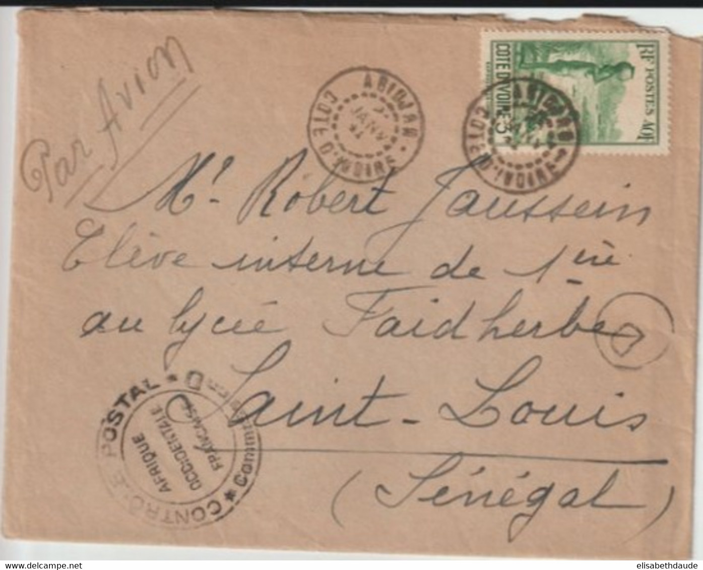 COTE D'IVOIRE - 1941 -  SEUL SUR LETTRE Par AVION De ABIDJAN Avec CENSURE COMMISSION "D" / AOF => ST LOUIS (SENEGAL) - Brieven En Documenten