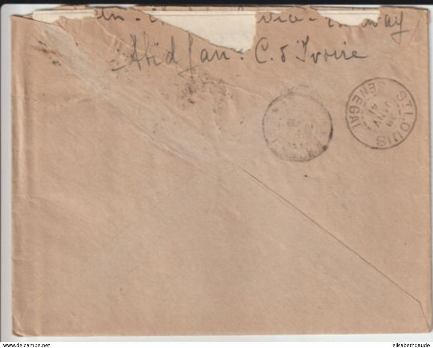 COTE D'IVOIRE - 1941 -  SEUL SUR LETTRE Par AVION De ABIDJAN Avec CENSURE COMMISSION "D" / AOF => ST LOUIS (SENEGAL) - Covers & Documents