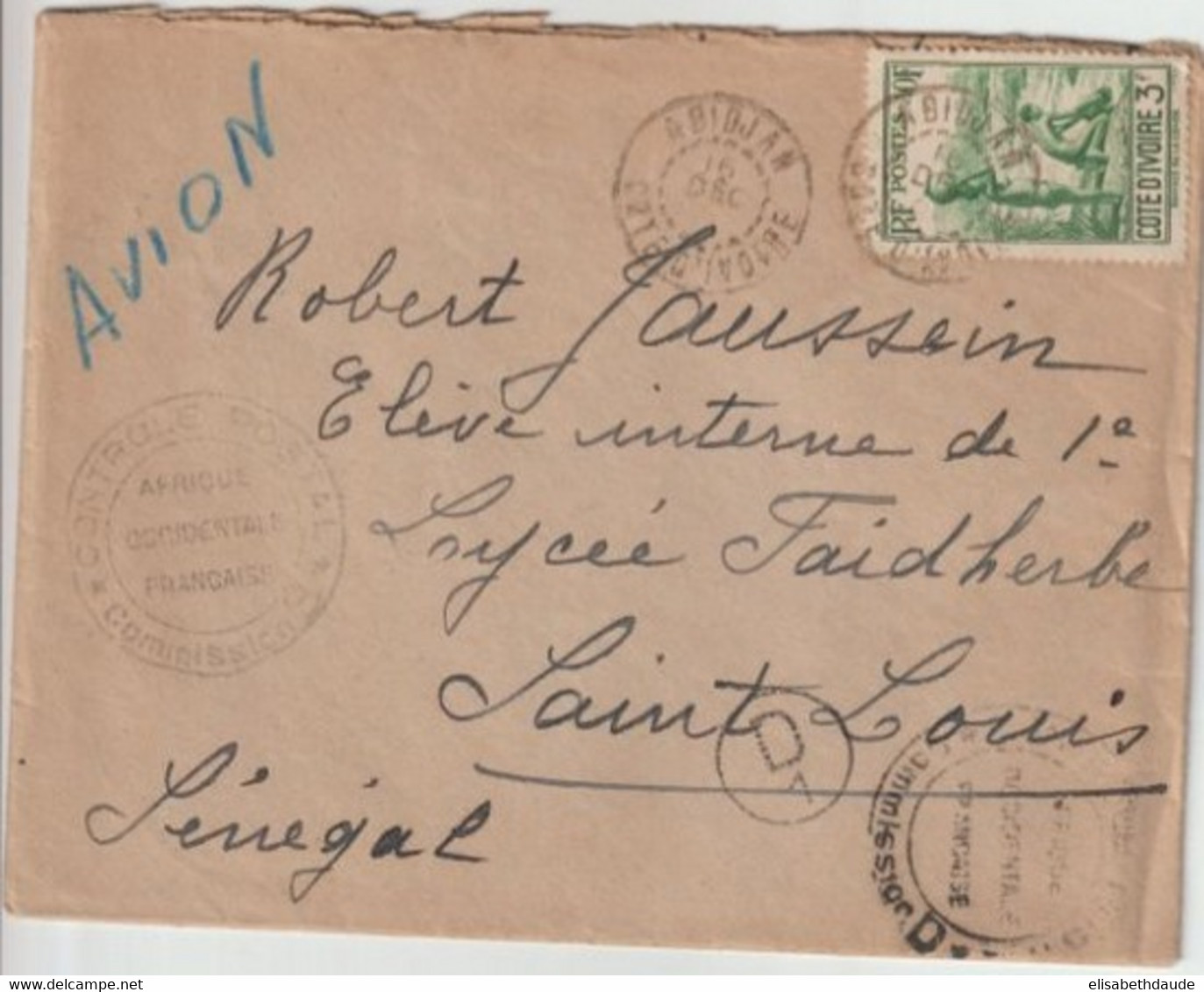 COTE D'IVOIRE - 1940 -  SEUL SUR LETTRE AVION De ABIDJAN Avec 2 CENSURES COMMISSION "D1" + B / AOF => ST LOUIS (SENEGAL) - Covers & Documents