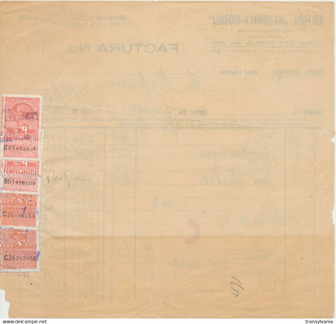 Romania 1940 Invoice Of Nationala-Ciornei Publishing House With 4 Revenue Stamps Perfins King Charles II - Fiscaux