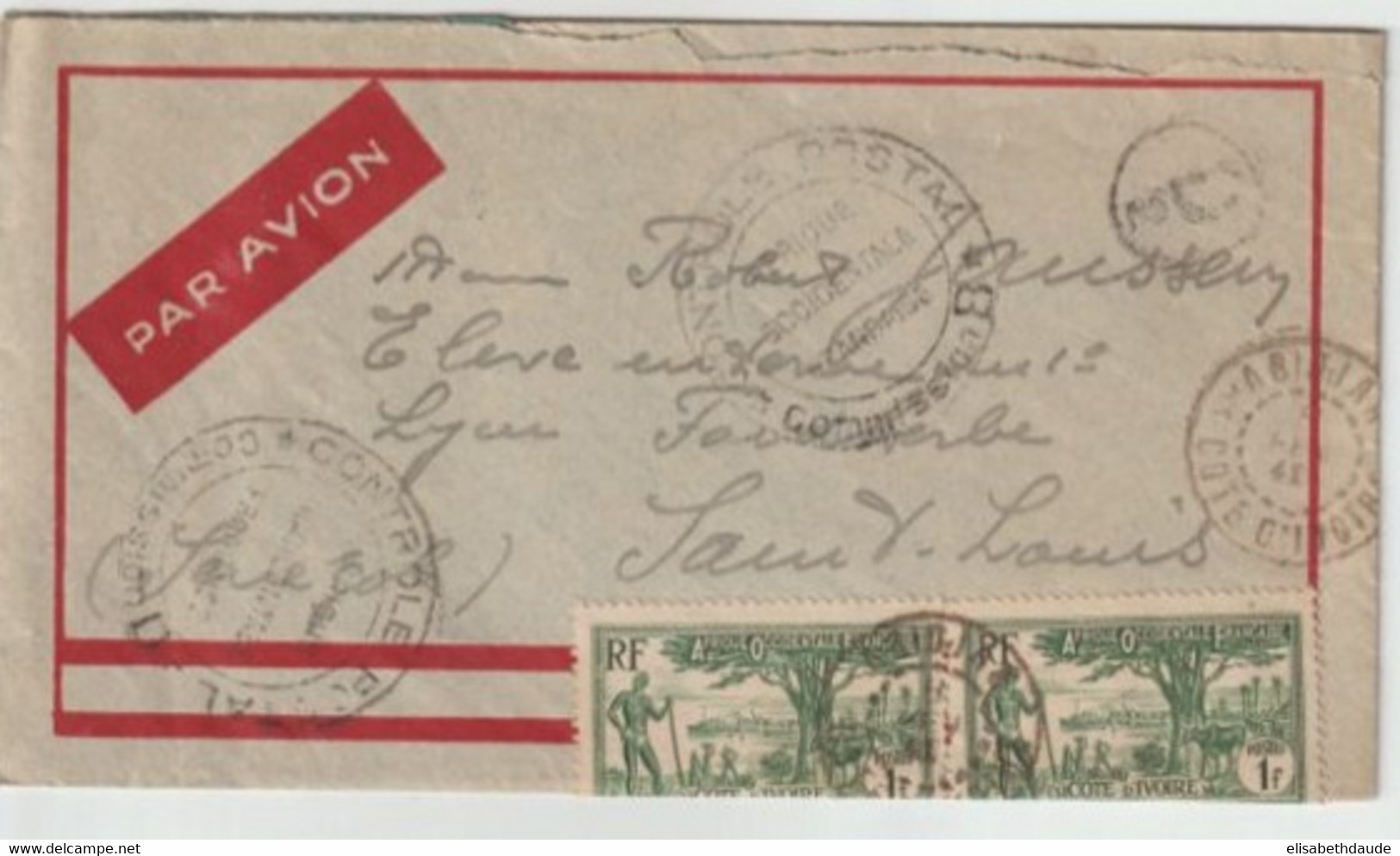 COTE D'IVOIRE - 1941 - LETTRE AVION De ABIDJAN Avec 2 CENSURES COMMISSION B + "D2" / AOF => ST LOUIS (SENEGAL) - Storia Postale