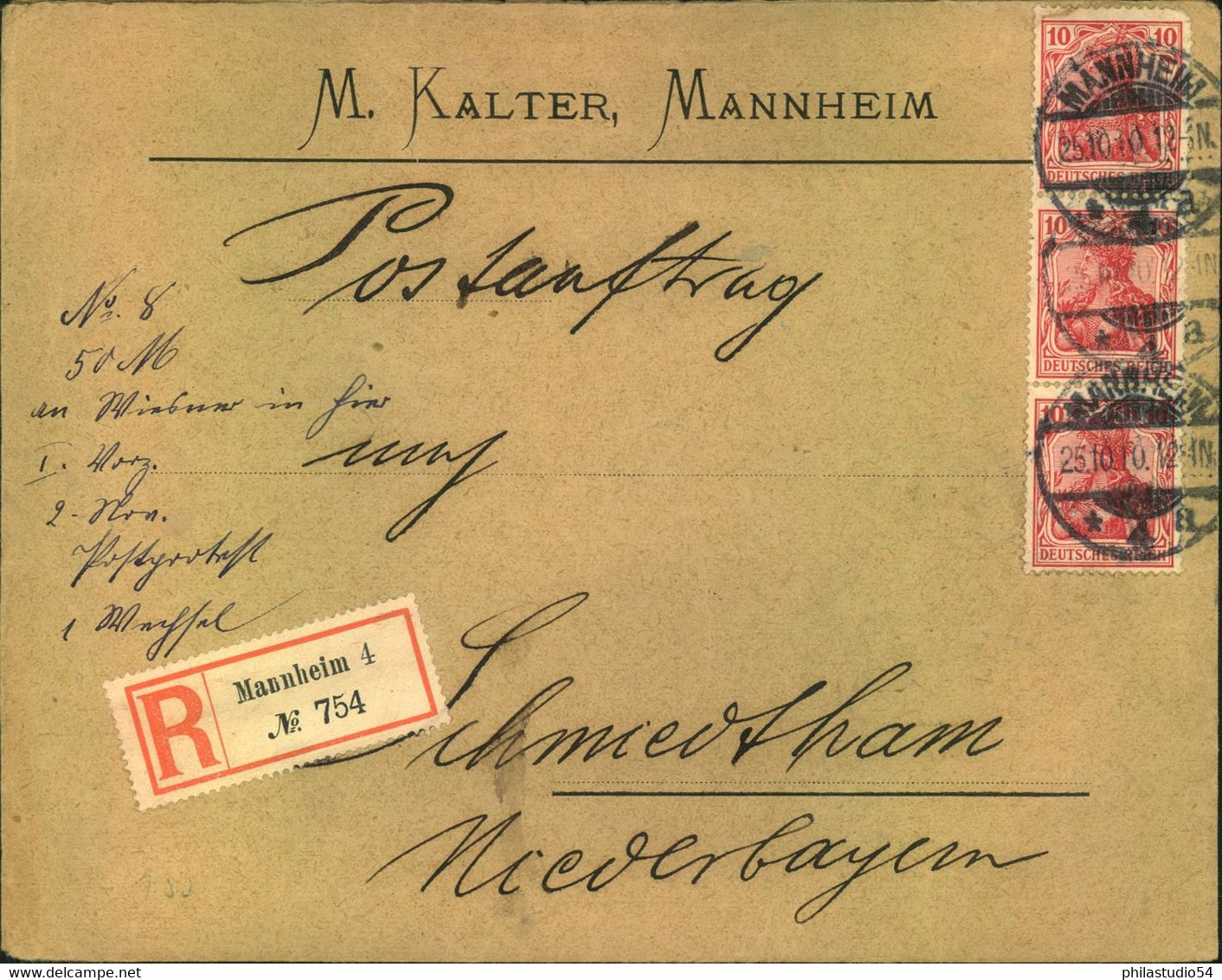 1910, Postauftrag Von MANNHEIM Mit 3-mal 10 Pfg Germania Und Formular - Otros & Sin Clasificación
