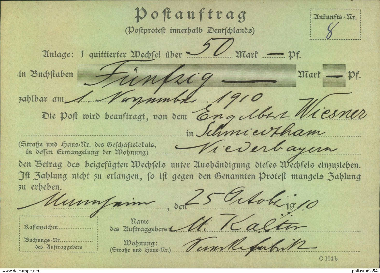 1910, Postauftrag Von MANNHEIM Mit 3-mal 10 Pfg Germania Und Formular - Autres & Non Classés