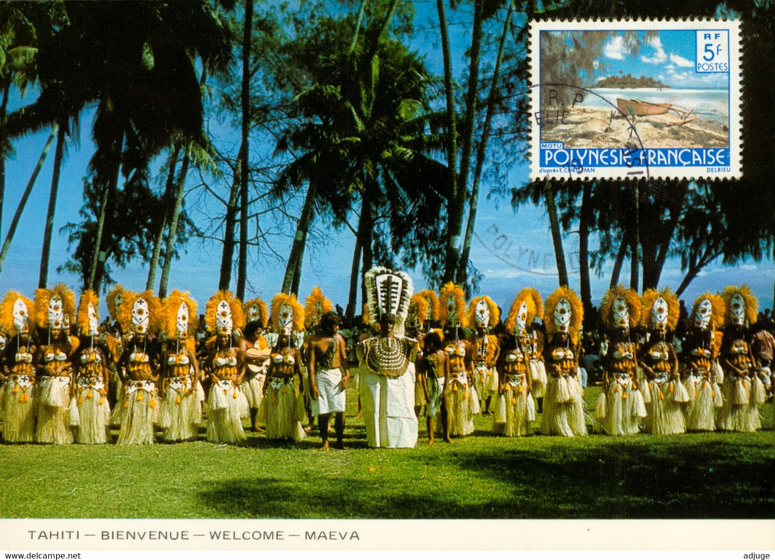 TAHITI - Entrée Des Danseuses Avec Le Roi ;14 Juillet_Oblitération Philatélique PAPEETE * Timbre MOTU   5 Fr.. 2 Scan - Frans-Polynesië