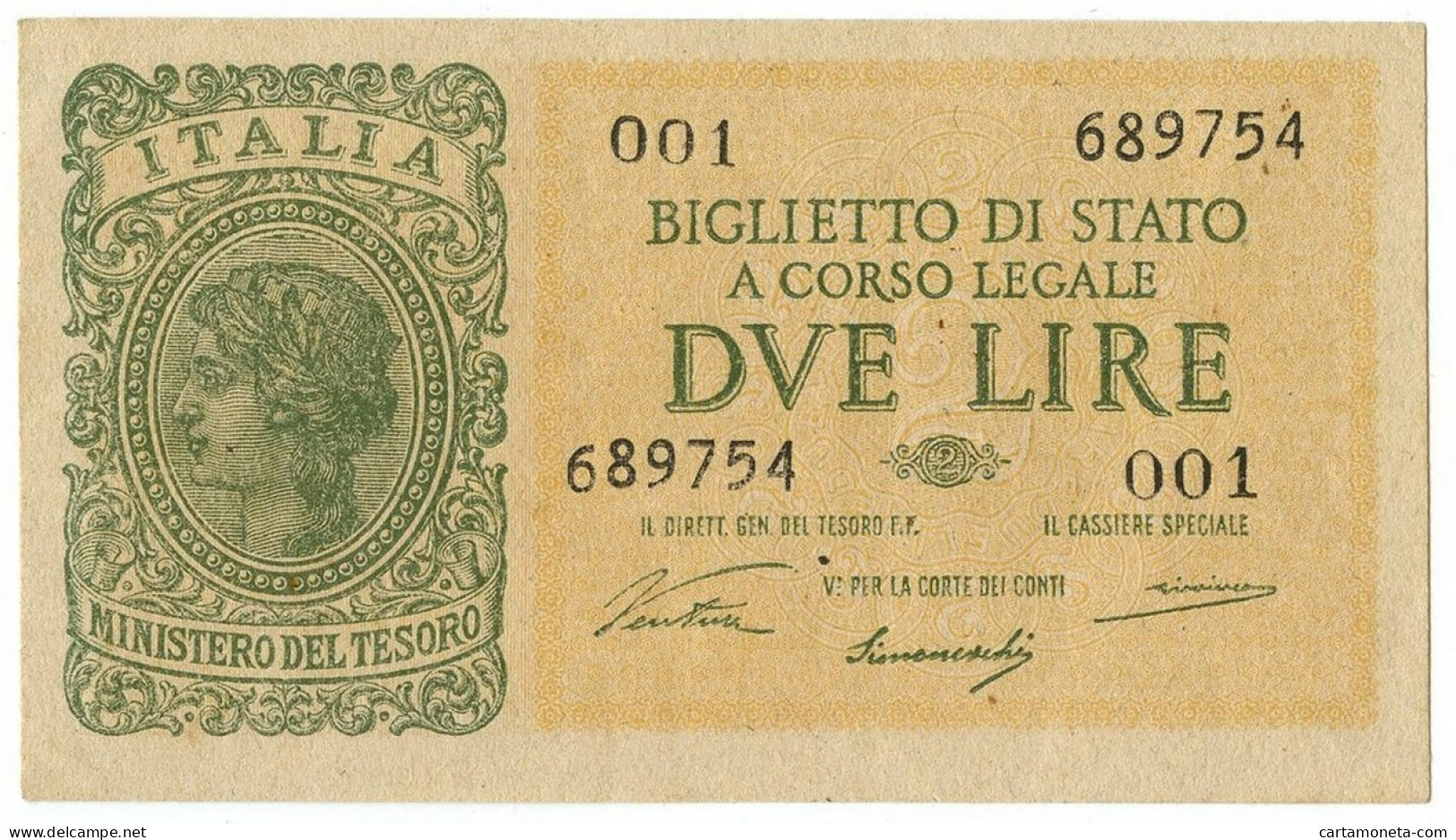 2 LIRE BIGLIETTO STATO LUOGOTENENZA VENTURA PRIMA SERIE 001 23/11/1944 SPL+ - Sonstige